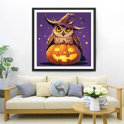 Hibou d'Hallween Avec Un Chapeau sur La Citrouille Broderie Diamant