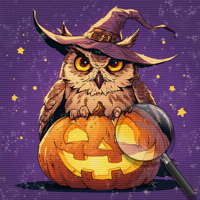 Hibou d'Hallween Avec Un Chapeau sur La Citrouille Broderie Diamant