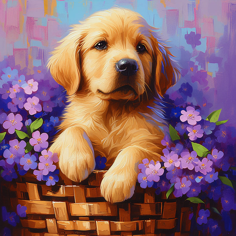 Chiot et Fleurs Violettes dans Un Panier Broderie Diamant