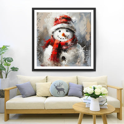 Bonhomme de Neige de Noël Avec Chapeau Rouge et Écharpe Broderie Diamant