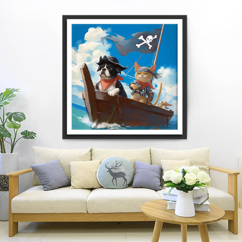 Chiot et Chaton sur Le Bateau Pirate Broderie Diamant