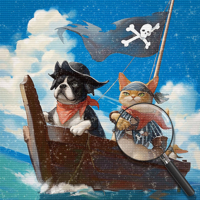 Chiot et Chaton sur Le Bateau Pirate Broderie Diamant