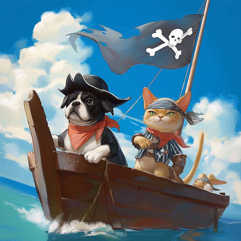 Chiot et Chaton sur Le Bateau Pirate Broderie Diamant