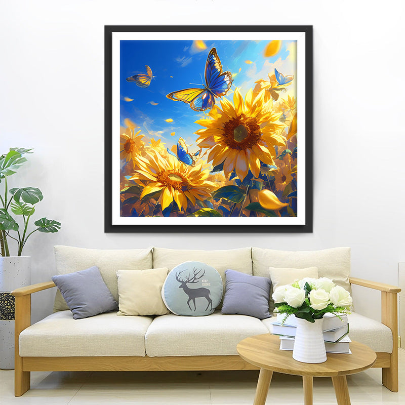 Tournesols et Papillons Bleus Broderie Diamant