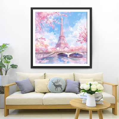 La Tour Eiffel et Fleurs Roses en Printemps Broderie Diamant