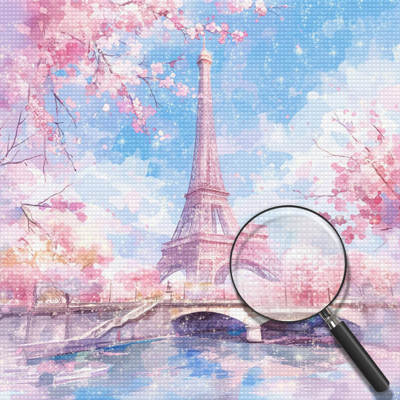 La Tour Eiffel et Fleurs Roses en Printemps Broderie Diamant