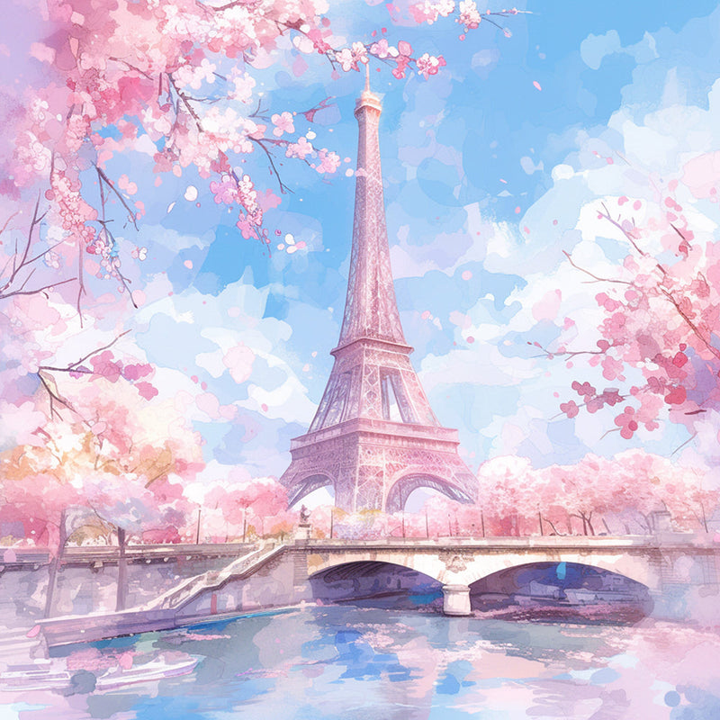 La Tour Eiffel et Fleurs Roses en Printemps Broderie Diamant