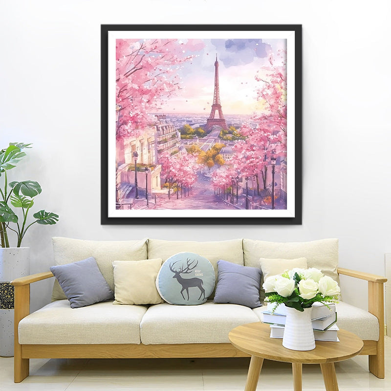 La Tour Eiffel et Fleurs Roses Broderie Diamant