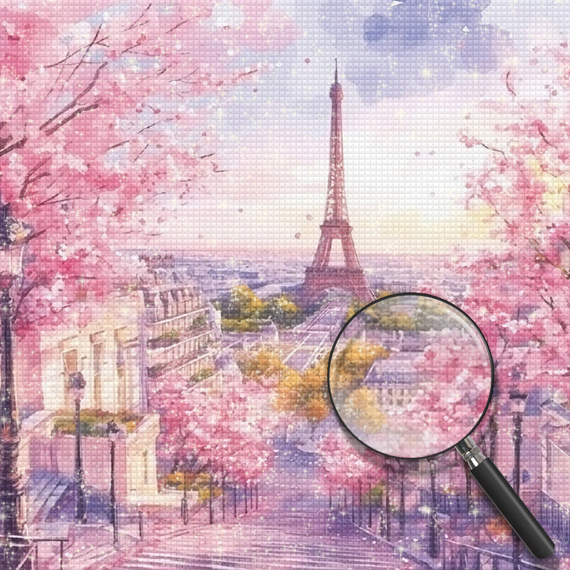 La Tour Eiffel et Fleurs Roses Broderie Diamant