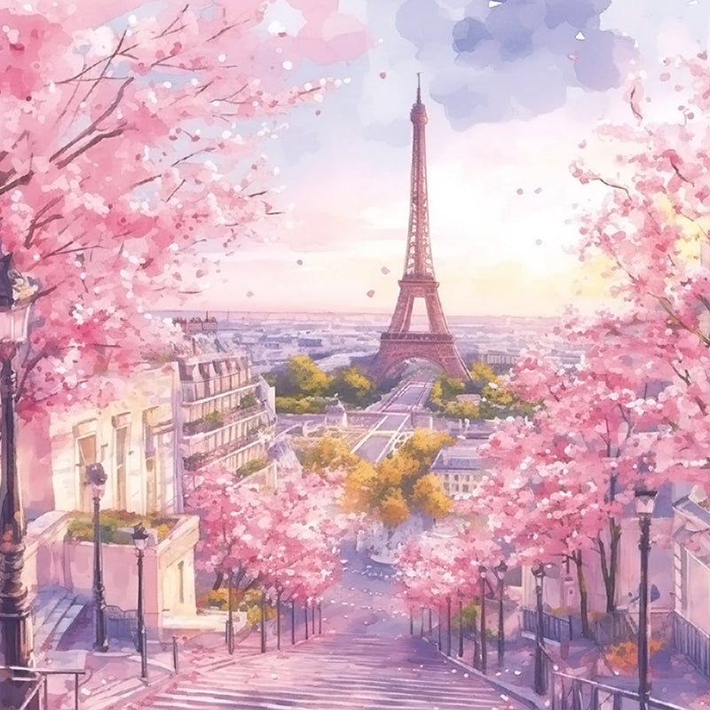 La Tour Eiffel et Fleurs Roses Broderie Diamant