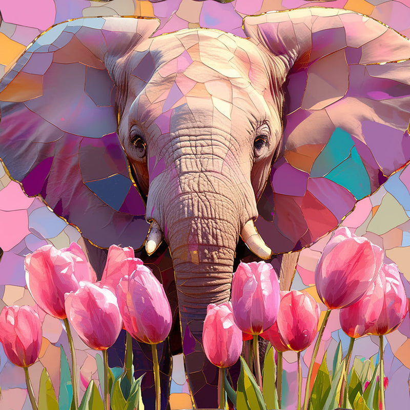 Éléphant et Tulipes Roses Broderie Diamant