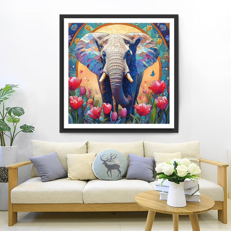 Éléphant Africain et Tulipes Roses Broderie Diamant