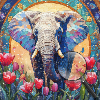 Éléphant Africain et Tulipes Roses Broderie Diamant