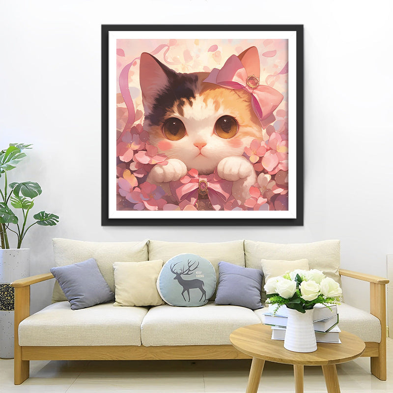 Chat Mignon et Papillons Roses Broderie Diamant