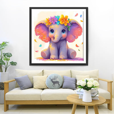 Éléphant Animé Mignon Avec des Fleurs Broderie Diamant