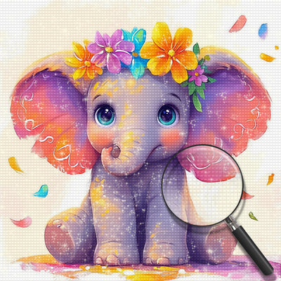 Éléphant Animé Mignon Avec des Fleurs Broderie Diamant