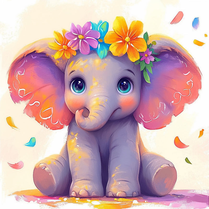 Éléphant Animé Mignon Avec des Fleurs Broderie Diamant