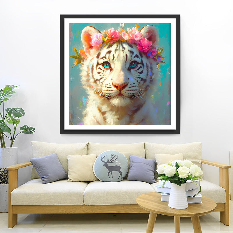 Tigre Blanc Avec Fleurs Roses Broderie Diamant