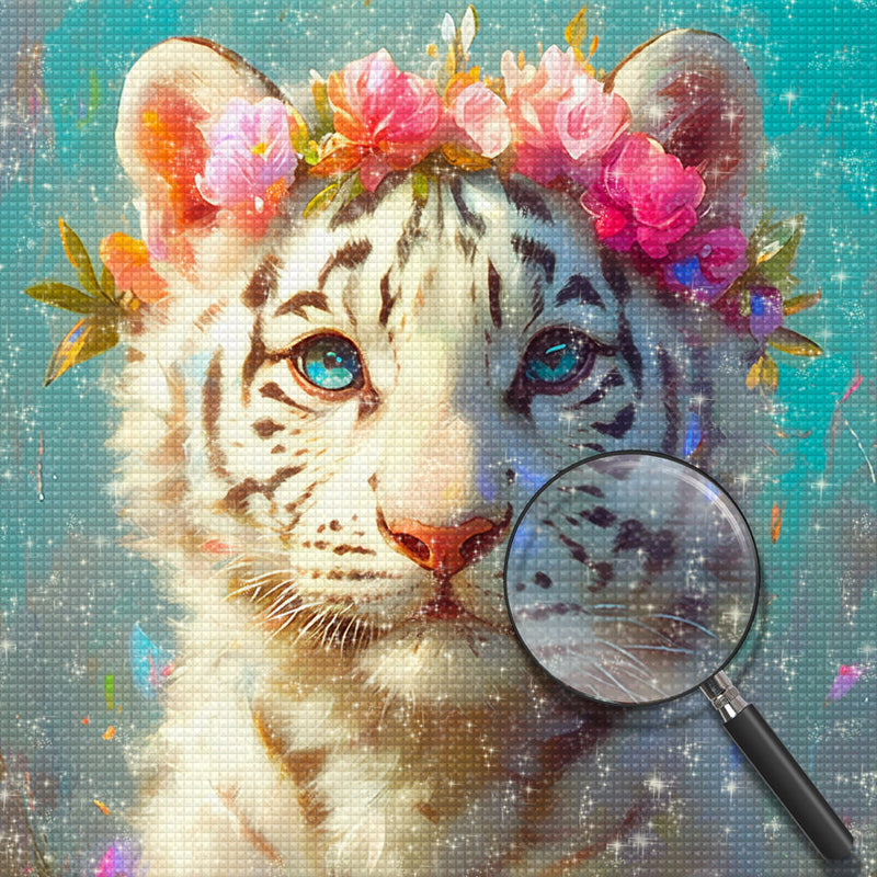 Tigre Blanc Avec Fleurs Roses Broderie Diamant