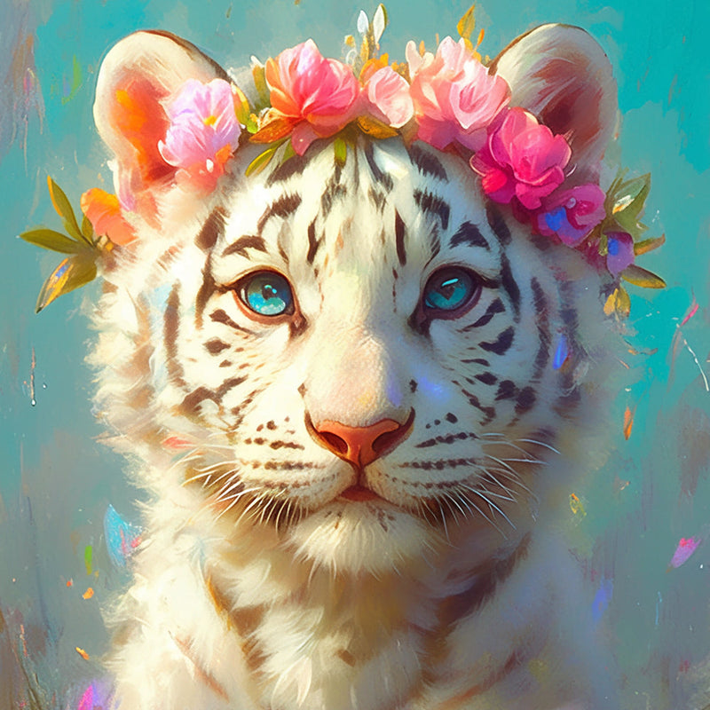 Tigre Blanc Avec Fleurs Roses Broderie Diamant