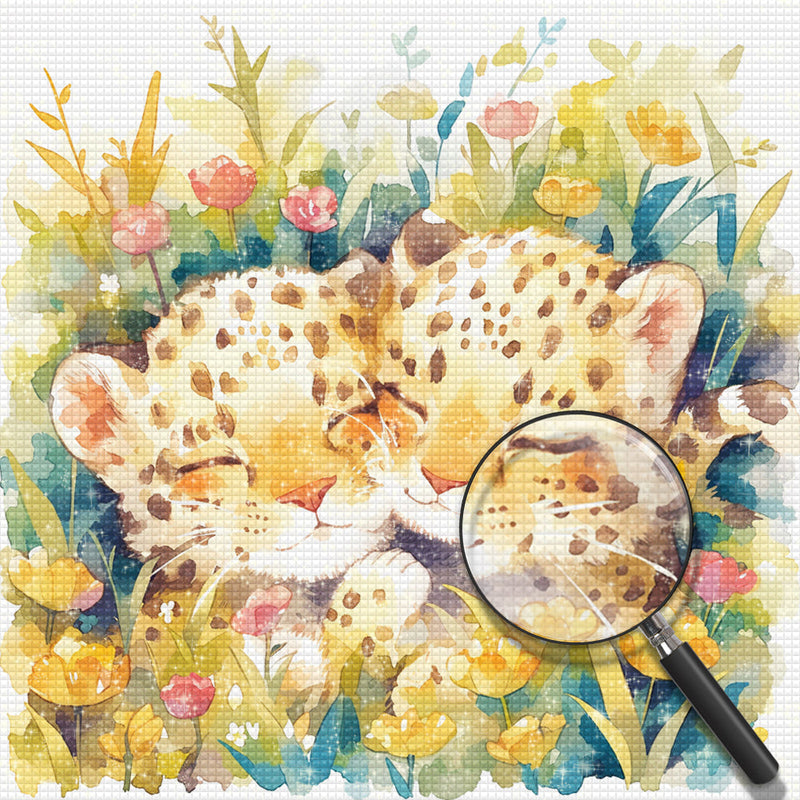 Deux Léopards Mignons parmi des Fleurs Broderie Diamant