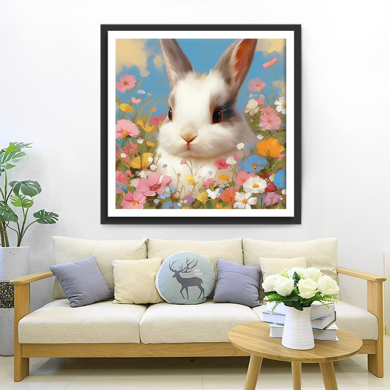 Lapin et Fleurs Broderie Diamant