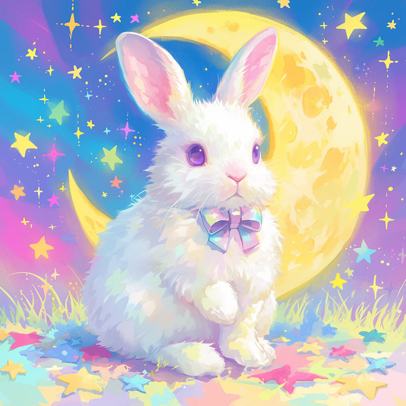 Lapin, Lune et Étoiles Colorés Broderie Diamant