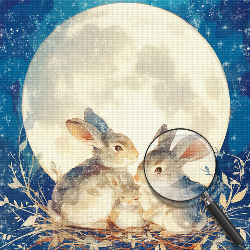 Famille de Lapins et Lune Broderie Diamant