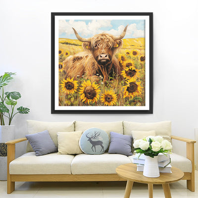 Vache des Highlands et Tournesols Broderie Diamant