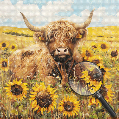 Vache des Highlands et Tournesols Broderie Diamant