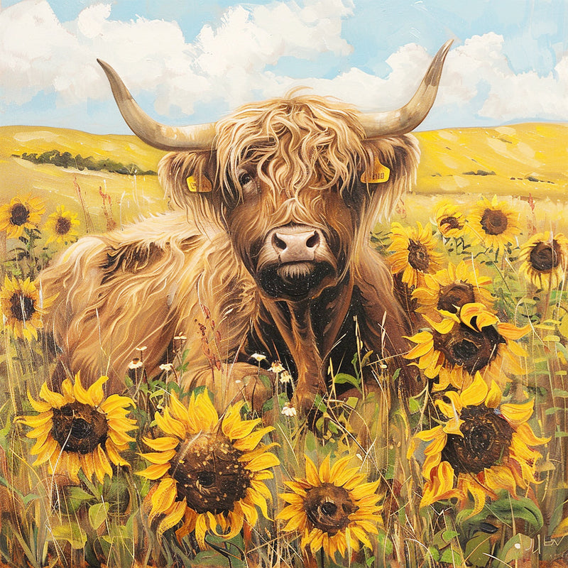 Vache des Highlands et Tournesols Broderie Diamant