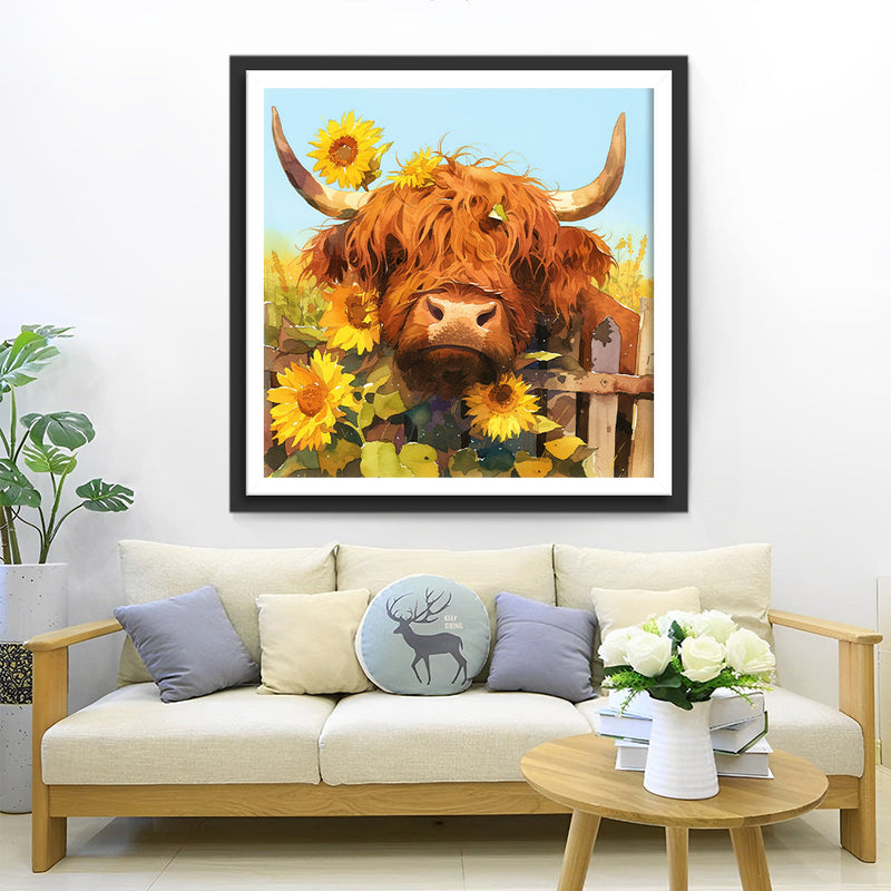 Vache des Highlands et Tournesols Broderie Diamant