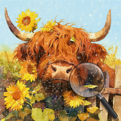 Vache des Highlands et Tournesols Broderie Diamant