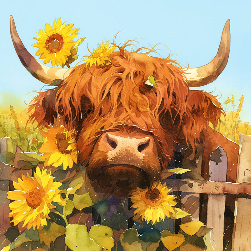 Vache des Highlands et Tournesols Broderie Diamant