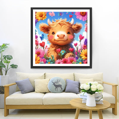 Vache des Highlands Mignonne et Fleurs Colorées Broderie Diamant