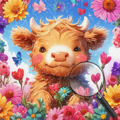 Vache des Highlands Mignonne et Fleurs Colorées Broderie Diamant