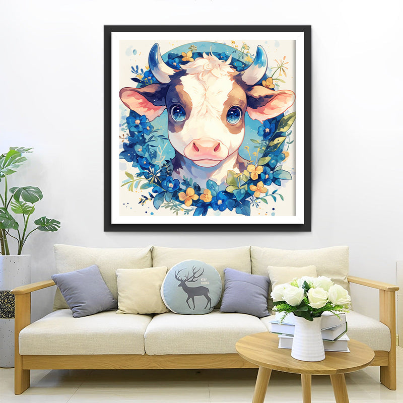 Vache Animée et Fleurs Bleues Broderie Diamant