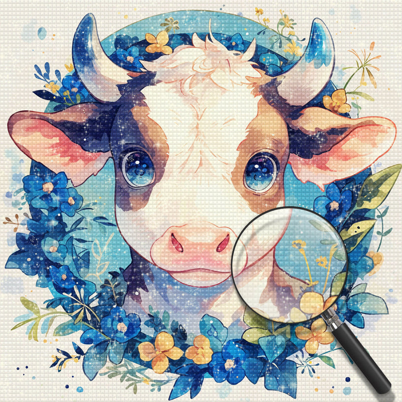 Vache Animée et Fleurs Bleues Broderie Diamant