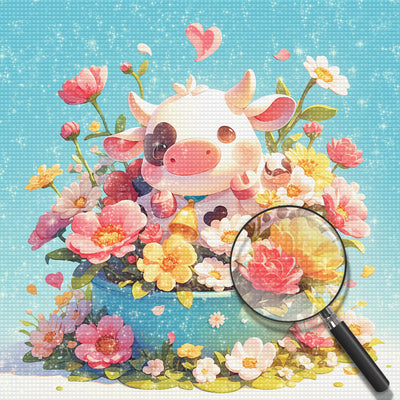 Petite Vache Mignonne et Fleurs Broderie Diamant