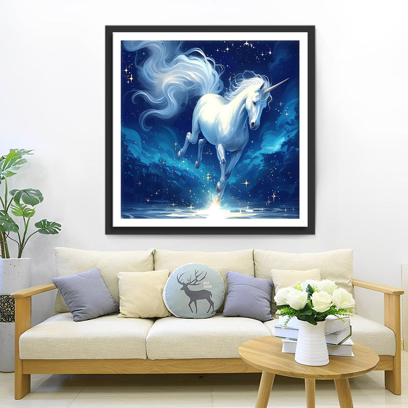 Licorne Blanche sous Les Étoiles Broderie Diamant