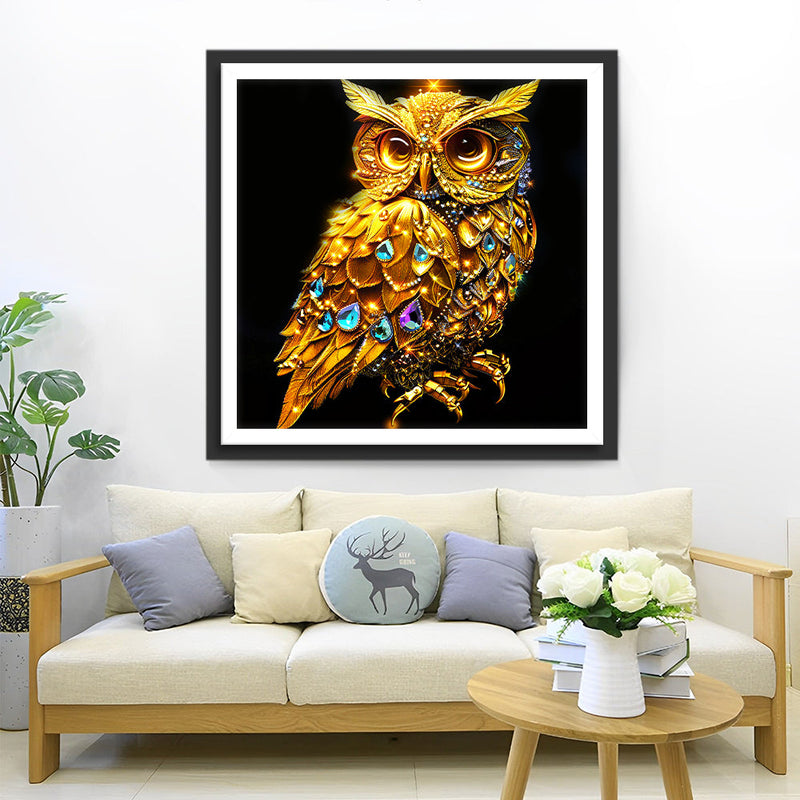 Hibou Doré Avec des Bijoux Broderie Diamant