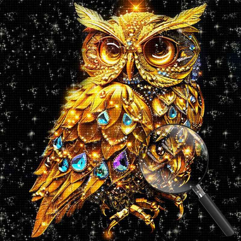 Hibou Doré Avec des Bijoux Broderie Diamant