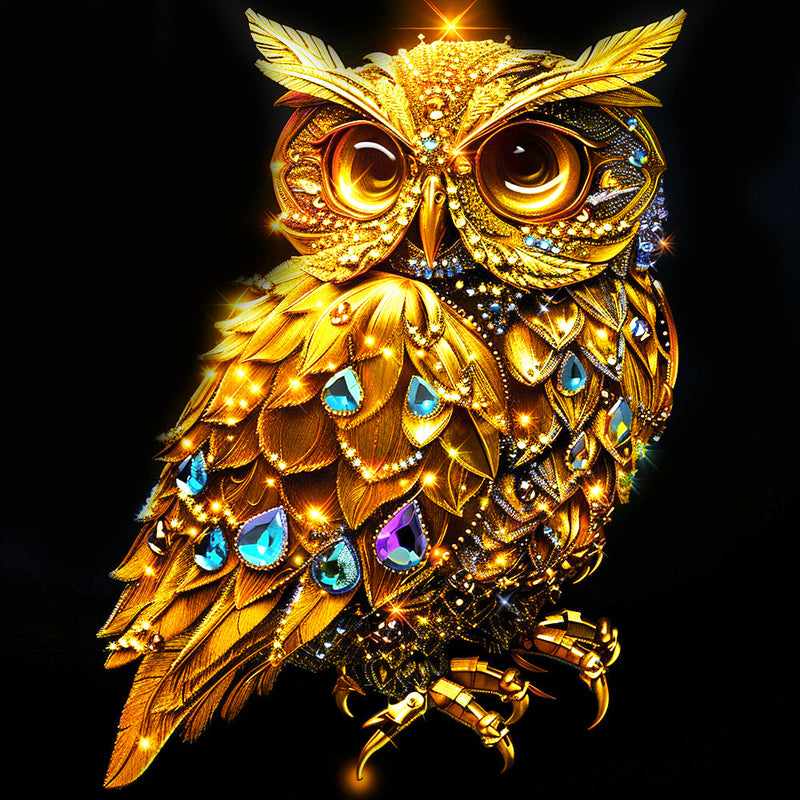 Hibou Doré Avec des Bijoux Broderie Diamant