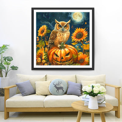 Hibou, Tournesols et Citrouille d'Halloween Broderie Diamant