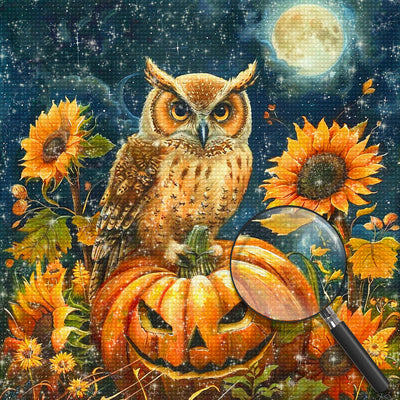 Hibou, Tournesols et Citrouille d'Halloween Broderie Diamant