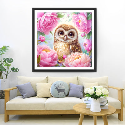 Hibou et Fleurs Roses Broderie Diamant