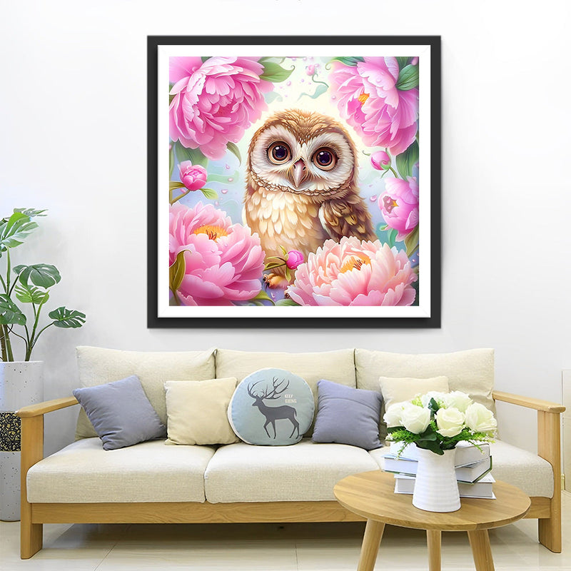 Hibou et Fleurs Roses Broderie Diamant