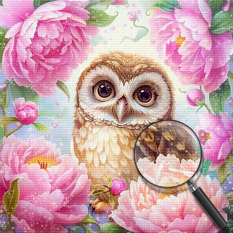 Hibou et Fleurs Roses Broderie Diamant