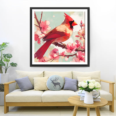 Oiseau Rouge sur des Fleurs Roses Broderie Diamant