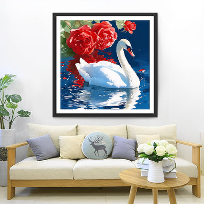 Cygne Blanc et Roses Rouges Broderie Diamant